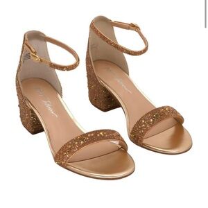 Betsy Johnson Gold Holiday Wedding Sparkle Shimmer Chunky Heel with Ankle Strap